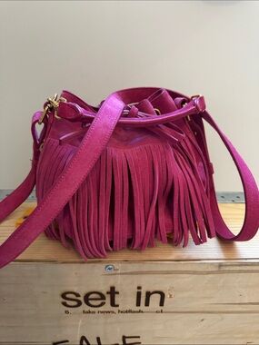 YSL Saint Laurent small suede Emmanuelle Fringe Bucket bag